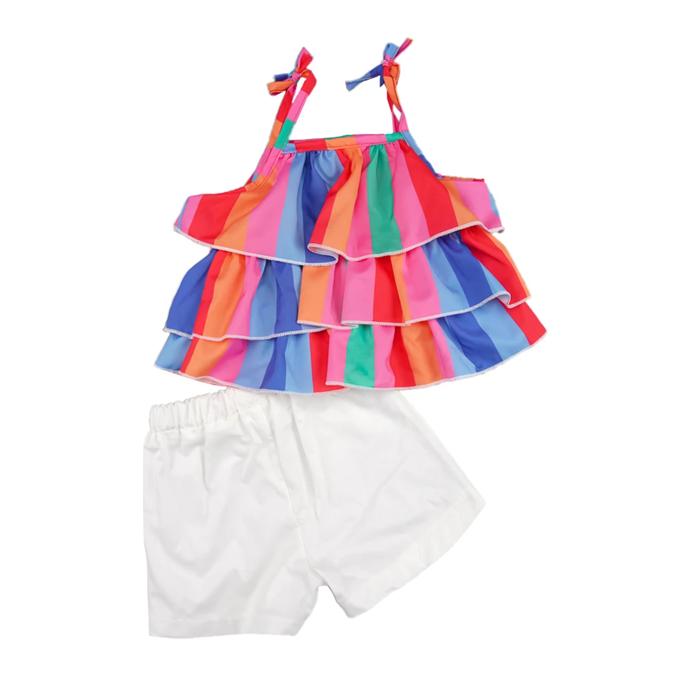 Baby Clothes Toddler Girl Set Polyester Rainbow Stripes Vest Body Suit Camisole+Short Pant Trousers Casual 2pc Princess Kid Tutu | Детская