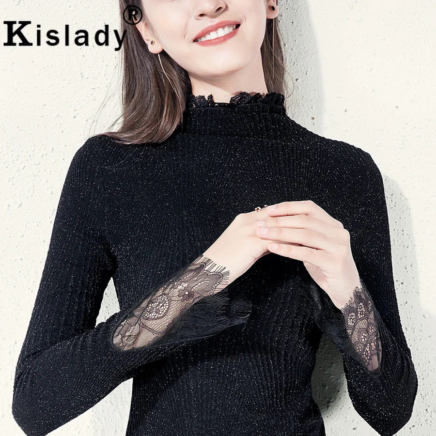 Kislady Новинка Весна Осень Элегантная блестящая шелковая футболка кружевная Лоскутная Женская футболка с длинным рукавом Топы размера плюс Корейская одежда XXXL