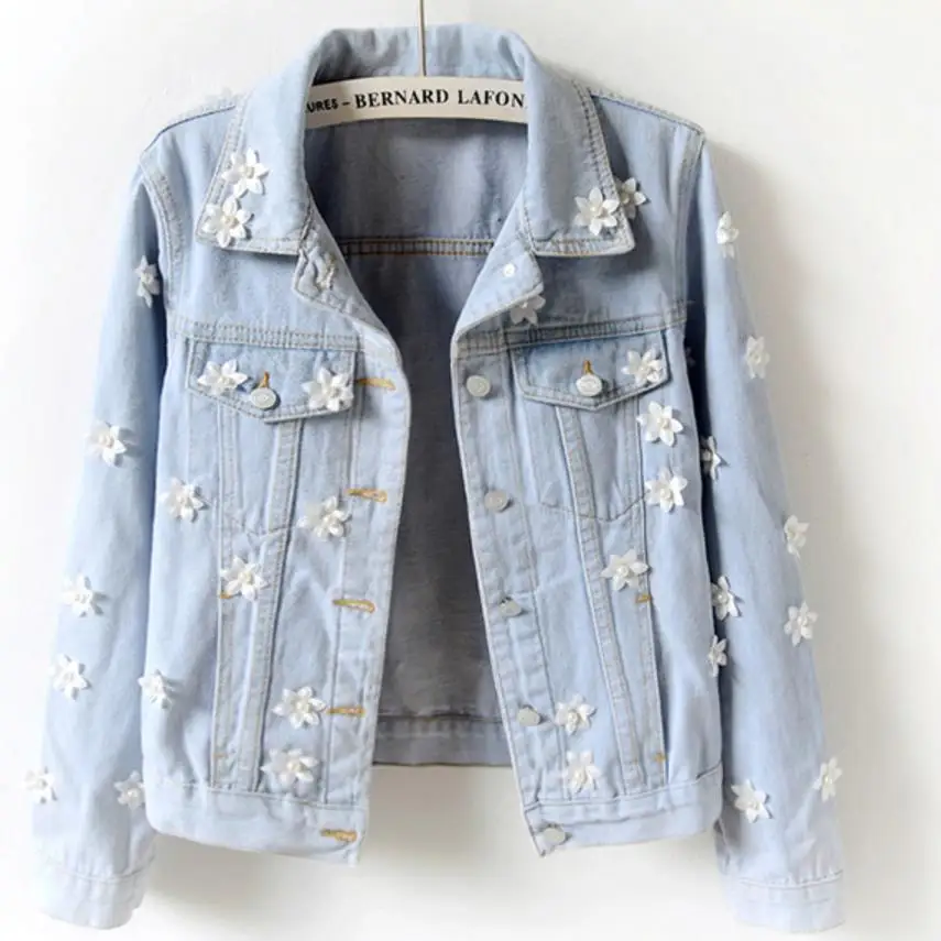 Новинка модное приталенное джинсовое пальто с цветочным узором украшенное