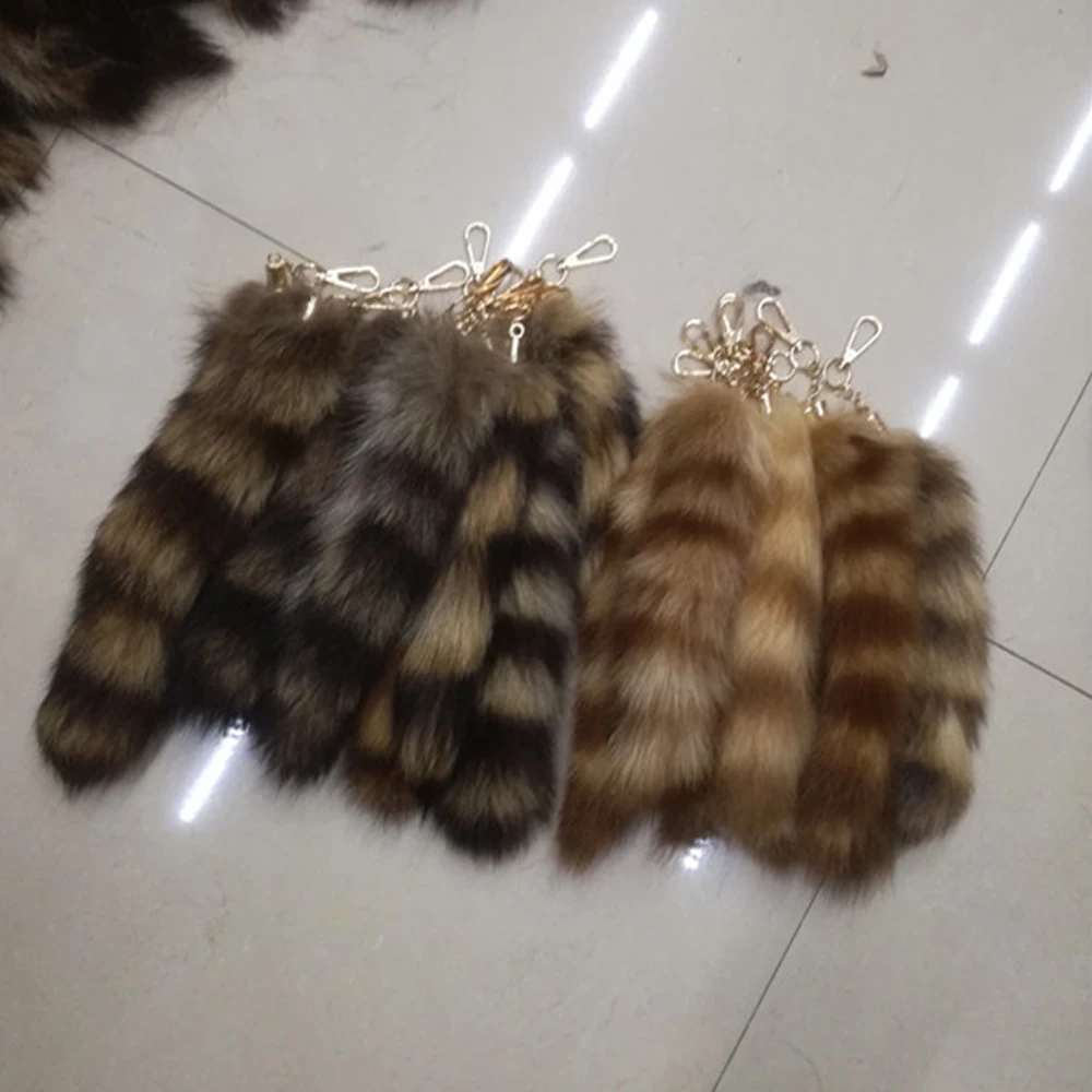 25CM Length Real Raccoon Fur Stripe Tail Keychain Charms Women Handbag Pendant Pompom Key Rings Car Styling Tassel Chians | Украшения и
