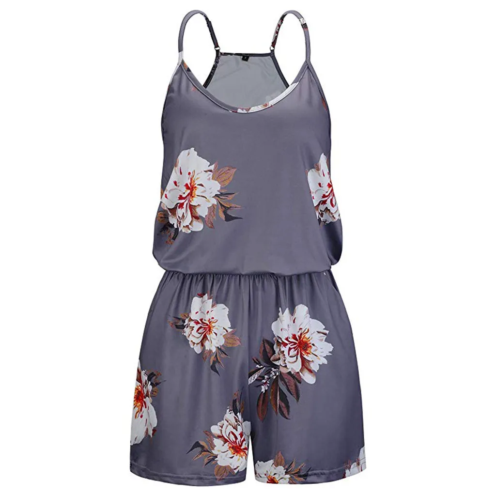 Женский богемный комбинезон без рукавов с цветочным принтом на тонких лямках