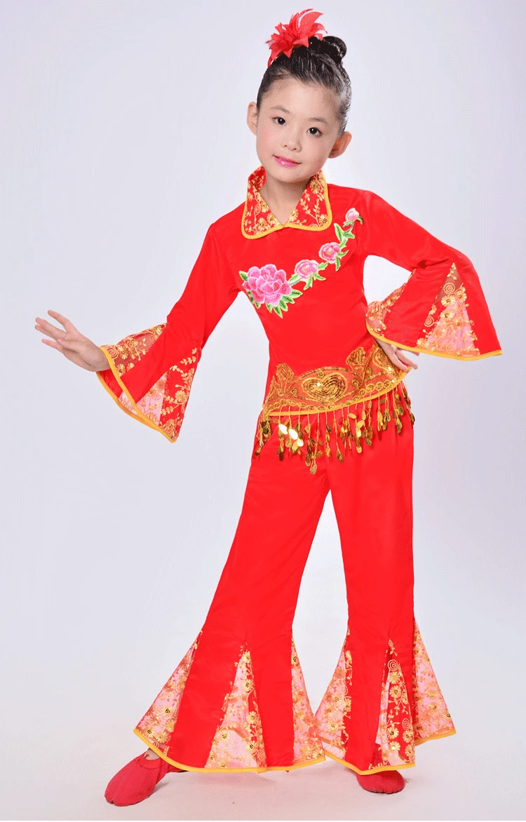 Китайский народный танец, детская одежда для выступлений guzheng, одежда для восточных танцев для девочек, танцевальный костюм Yangko, Одежда для танцев с блестками
