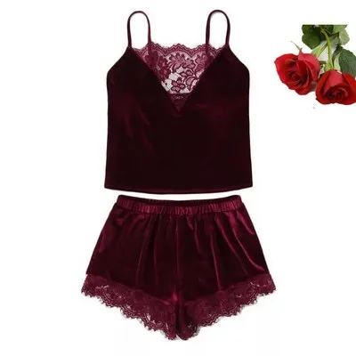 Lace trimmed velvet Cami & Шорты Пижама женская бордовая плотная Спагетти рукавов пикантные