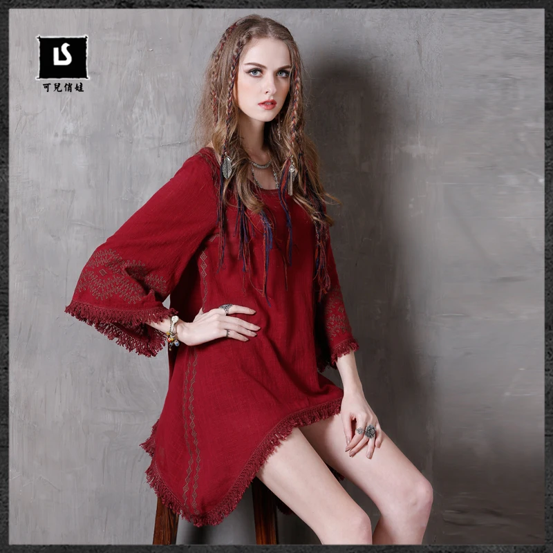 Женское этническое платье в стиле бохо свободное винтажное с вышивкой 2017 |