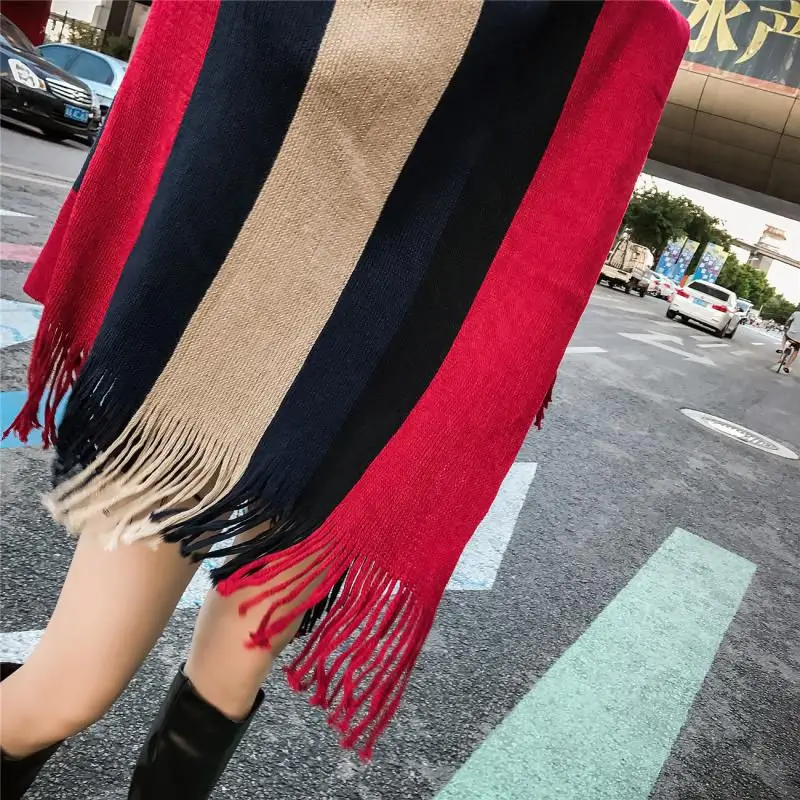 Irregular Cape Fashion Tassel Cloak Women Big size Pullovers 2020 New Knitted Shawl Sweater Loose Striped Knit Jacket f340 |
