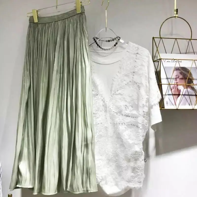 

Pleated Skirts Womens Fashion Elastic High Waist Shining Metal Silky Smooth Long Skirt Female Causal White Jupe Faldas Mujer