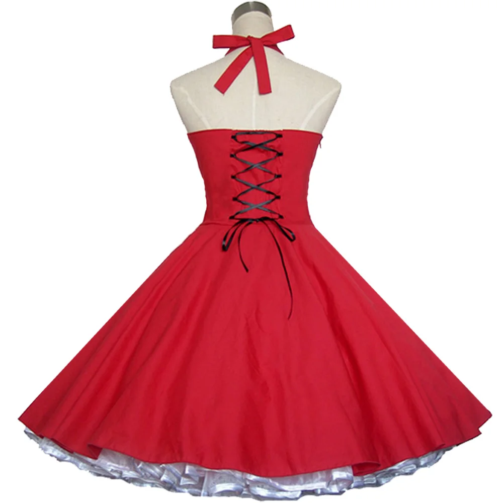 Женское винтажное платье в стиле рокабилли красное из 100% хлопка с пышной юбкой 50