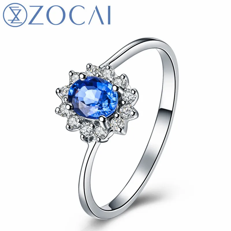 

ZOCAI Engagement Ring with 100% real Sapphire 0.6 CT certified 0.10 CT diamond 18K white gold (AU750) gift women ring W04360