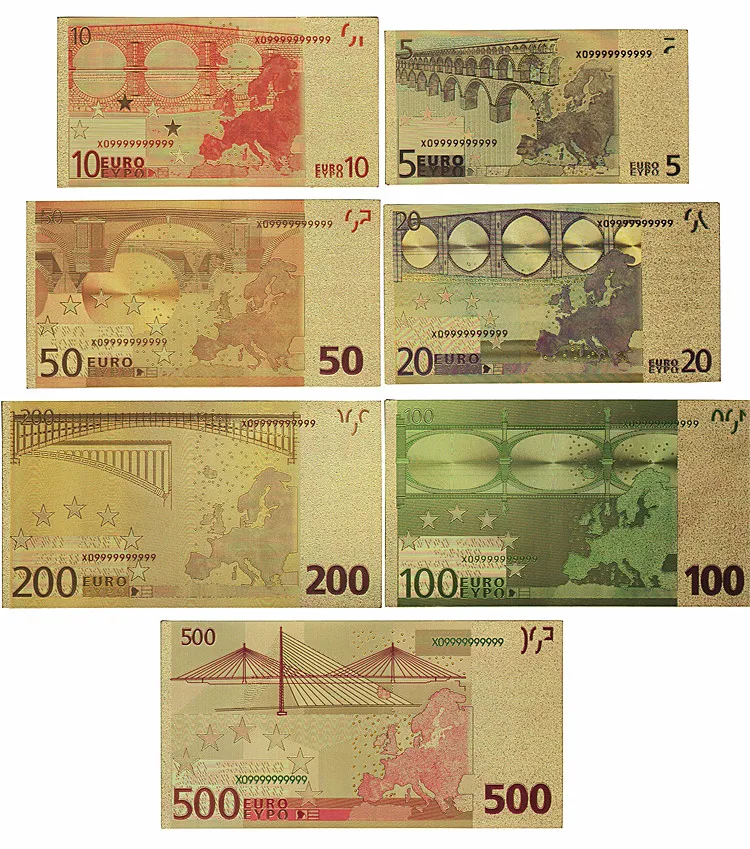 7pcs/lot 5 10 20 50 100 200 500 EUR Gold Banknotes in 24K Gold Fake Paper Money for Collection Euro Banknote Sets