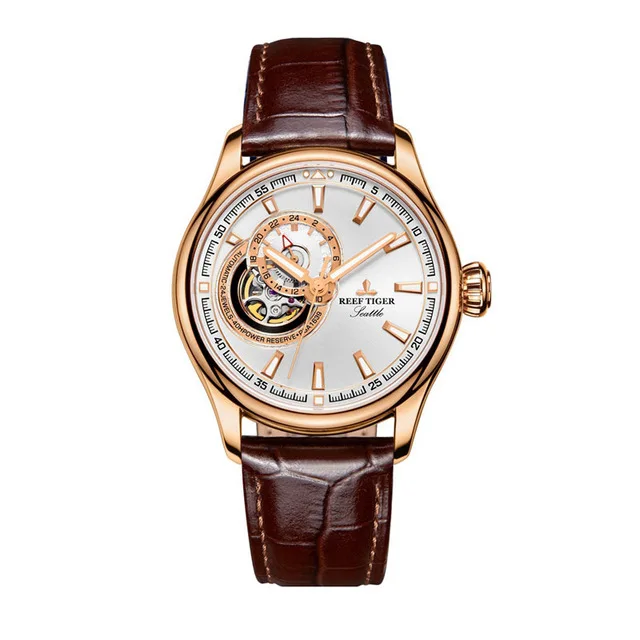 Reef Tiger Settle Serier RGA1639 мужские деловые модные часы Hallow Out Dia автоматические механические наручные часы с кожаным ремешком - Цвет: p4