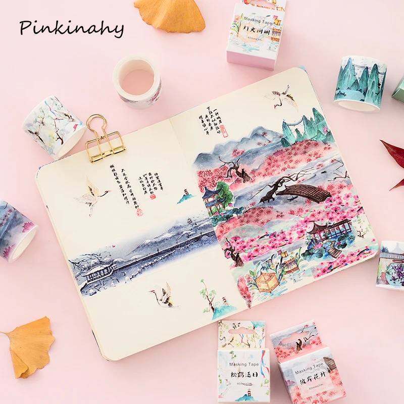 Ретро Китайский древний стиль Пейзаж Цветы васи клейкая лента DIY Скрапбукинг