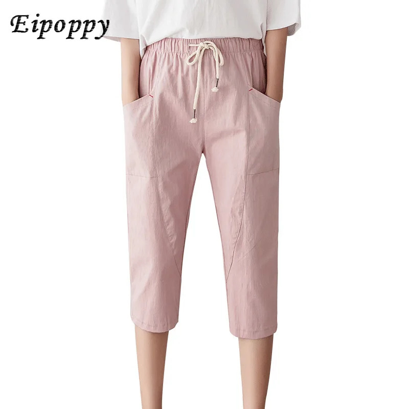 Women Clothing Cotton Linen Cropped Trousers Pants High Waist Thin Solid color Section Sports Women's Width Loose Casual | Женская