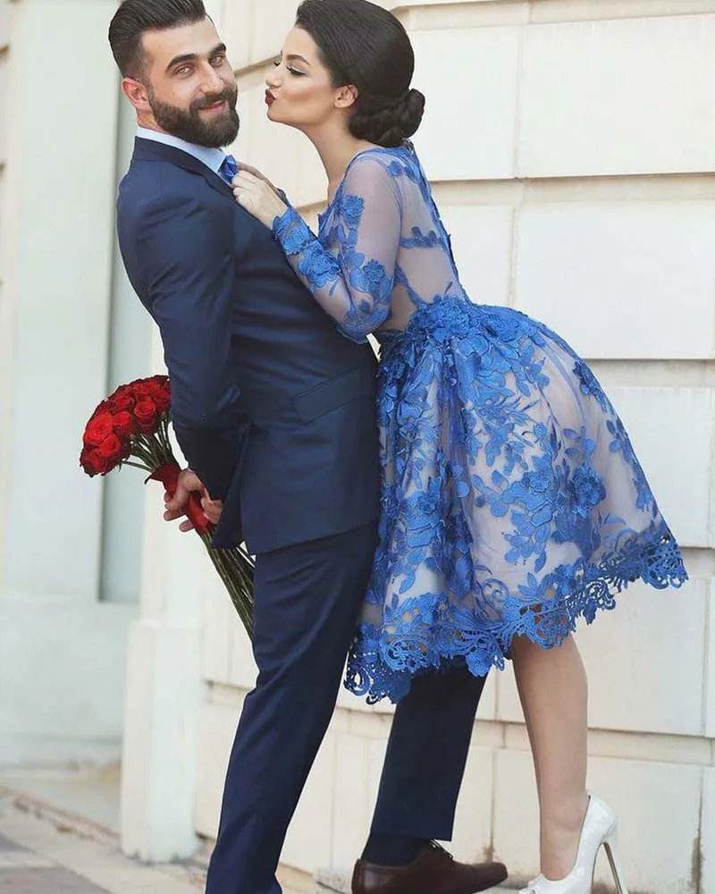 Синее кружевное платье длиной до колена с длинным рукавом ТРАПЕЦИЕВИДНОЕ