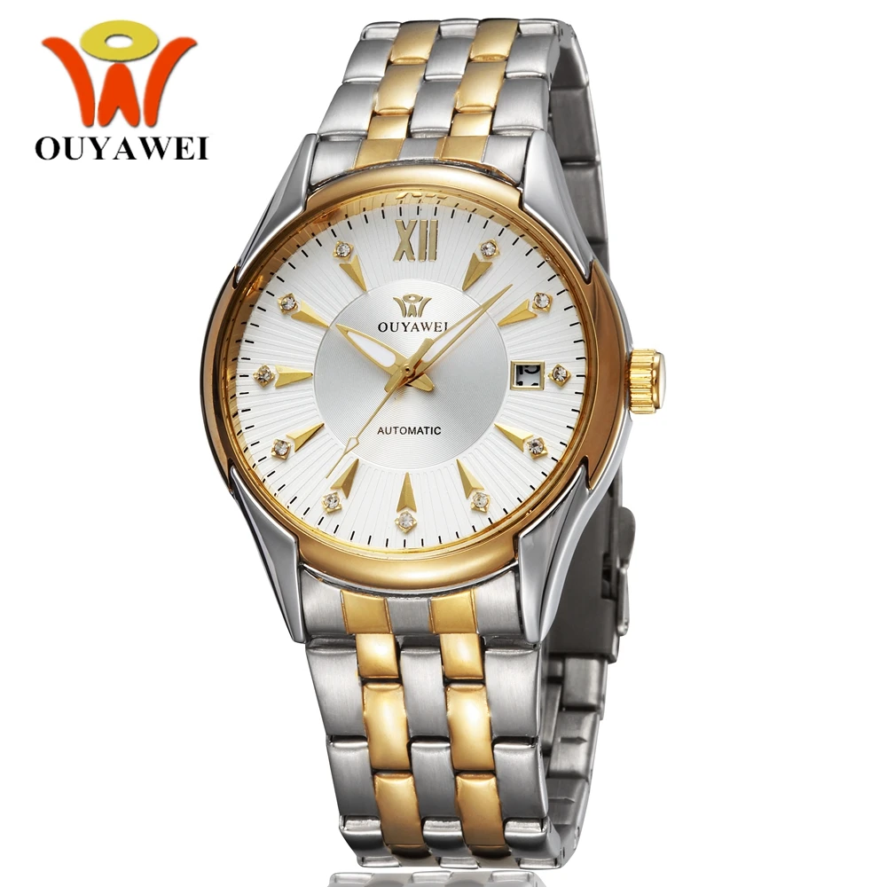 

OYW Luxury Automatic Self Wind Mens Dress Wristwatch Full Steel band White Gold Dress Business Waterproof Watches Gifts Relogio