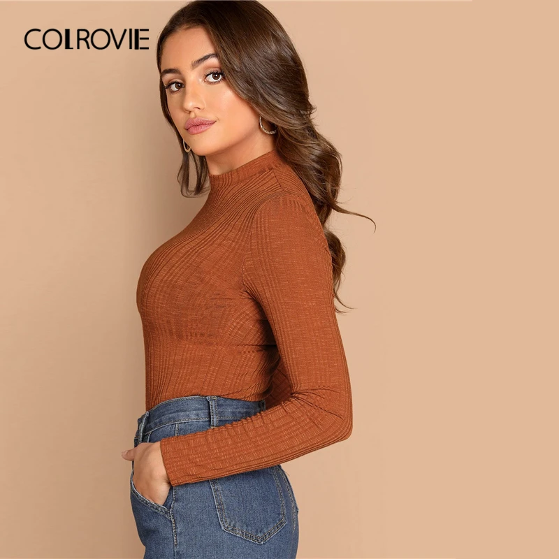 COLROVIE, оранжевый, стоячий воротник, тонкая, подходит для работы, ребристый Топ, Женская Базовая рубашка, весна, длинный рукав, повседневная, офисная, женская футболка