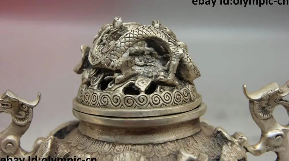 Китайский Буддизм Тибет серебро два Дракон играющий с Бусиной Ладан горелки