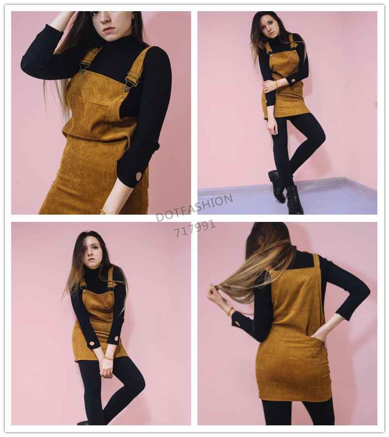 Dotfashion вельветовое платье-комбинезон с карманом на бретельках осеннее женское Короткое платье без рукавов