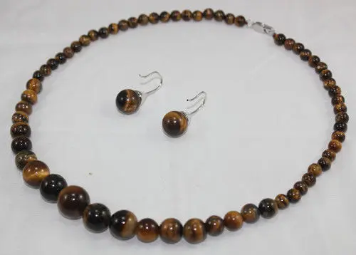 Ожерелье и серьги-гвоздики с тигровым глазом 6-12 мм 18 дюймов | Украшения