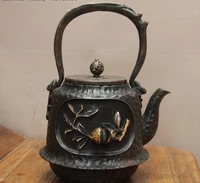 jepanese iron silver gilt pomegranate inscription water bottle teapot teakettle