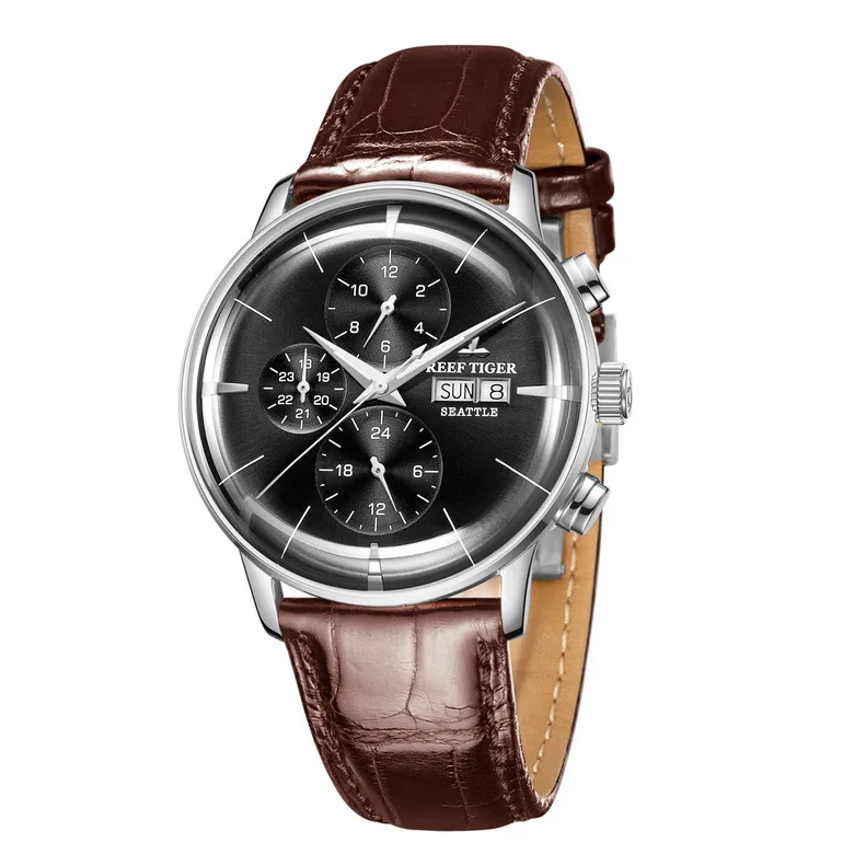 Reef Tiger Classic Serier RGA1699 мужские модные деловые часы с двойным календарем автоматические механические наручные часы-серебро