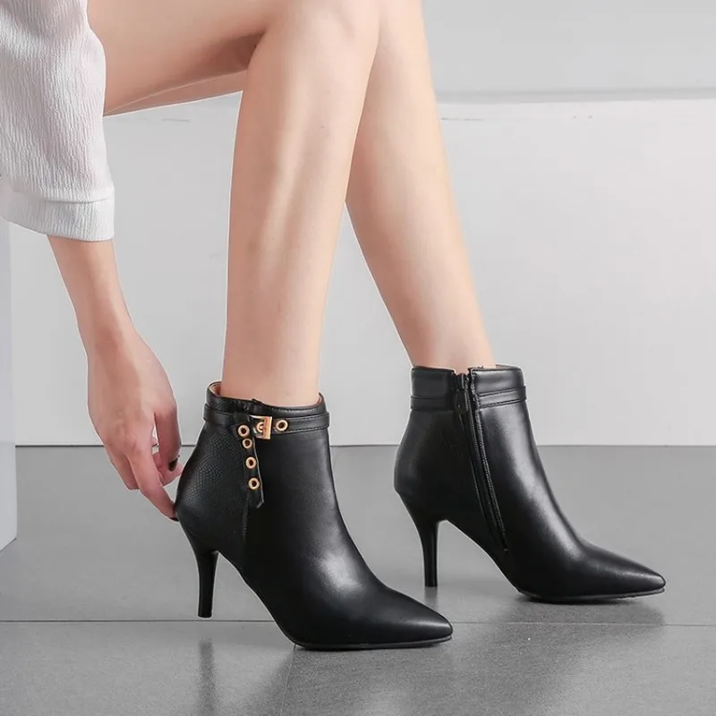 Women's Boots Autumn Winter High Heel Pointed Toe Zip Pu Ankle Thin Mixed-colors 2019 Basic New Sexy Fashion Wine Red Black | Обувь