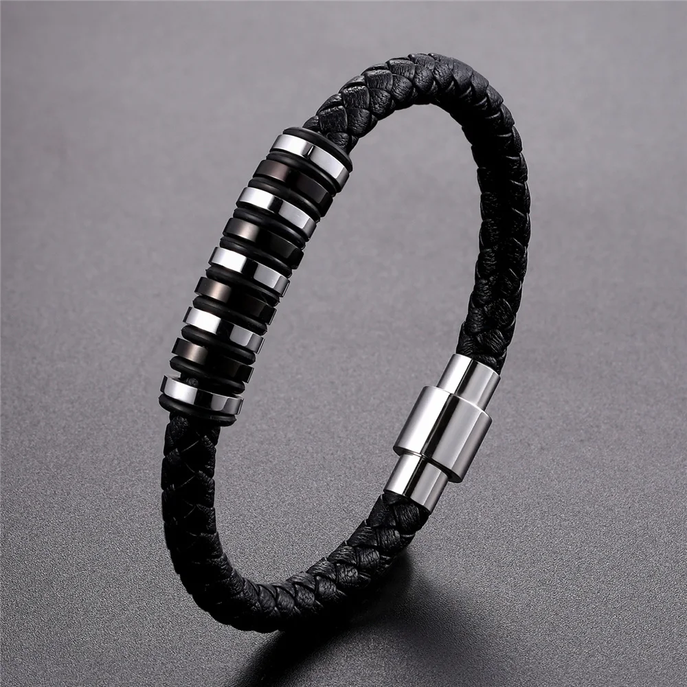 Брендовый мужской браслет ID браслет Черная Плетеная натуральная кожа женский браслет из нержавеющей стали мужское украшение браслет