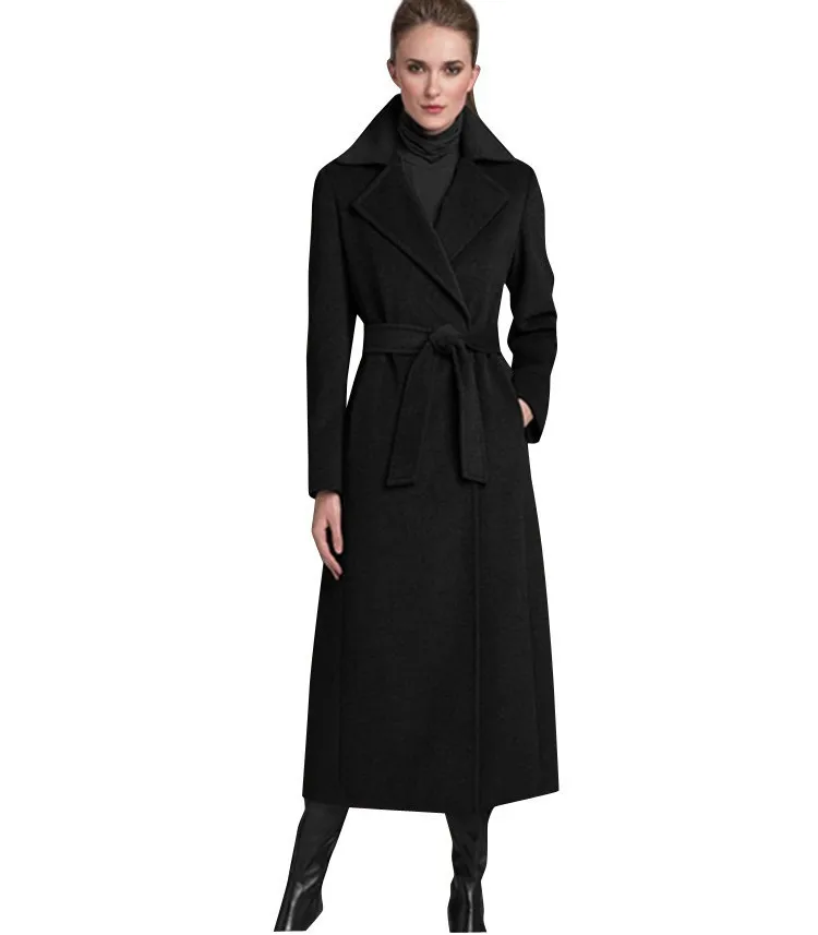 

Brand New UK 2020 Fall / Winter Women Notched Lapel Black Woolen Maxi Long Coat Slim Belt Robe Overcoat Casacos femininos S-XL