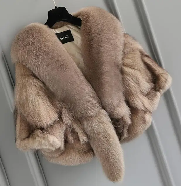 khaki Осеннее и зимнее модное пальто из лисьего меха с вырезом, Трендовое женское меховое пончо - Цвет: khaki