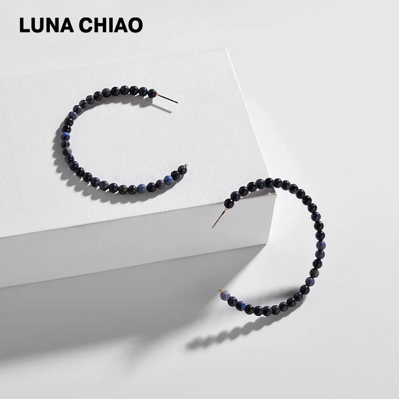 Navy LUNA CHIAO, модное ювелирное изделие, женские серьги, большие размеры, натуральный камень, бусинки, серьги-кольца - Окраска металла: Navy