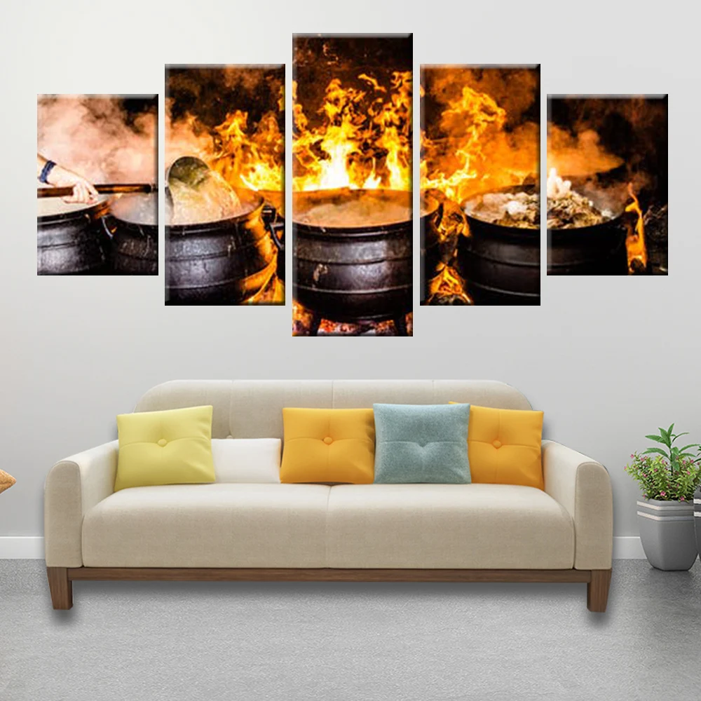 HD Print 5 Panel Canvas Painting Restaurant Kitchen Wall Art Fire Cooking Poster Home Decoration Mural | Дом и сад