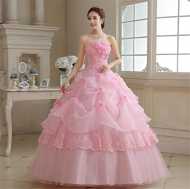 Настоящая фотография, vestido de noiva de, новинка, корейский стиль, цветы, без бретелек, розовый, красный, принцесса, свадебное платье, на шнуровке, бальное платье