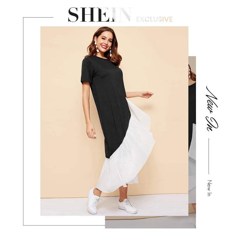 SHEIN Черное и белое Плиссированное длинное летнее скромное платье, женское весенне-летнее платье свободного кроя с цветными блоками