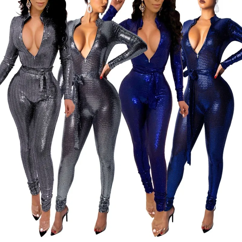 Женский Блестящий комбинезон с длинным рукавом и v-образным вырезом для