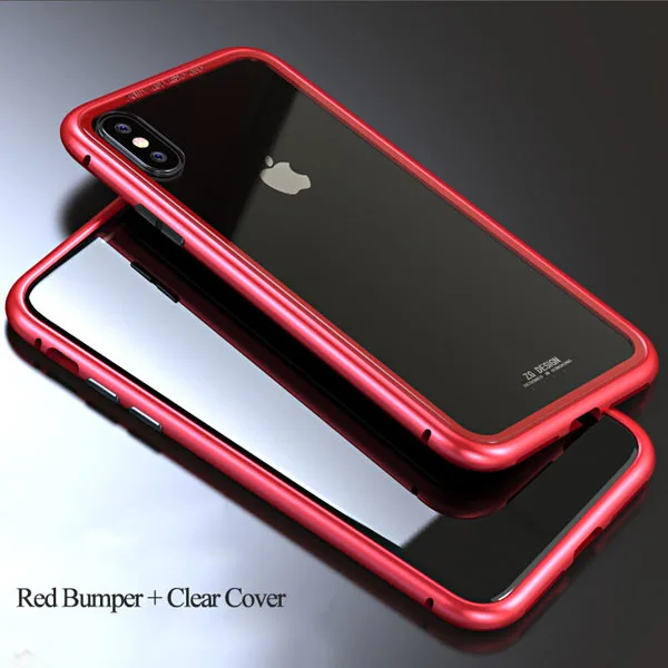 Магнитный адсорбционный чехол для iPhone X 8 7 Plus Алюминиевый Бампер металлический каркас+ 9 H закаленное стекло чехол для телефона - Цвет: Red and Clear