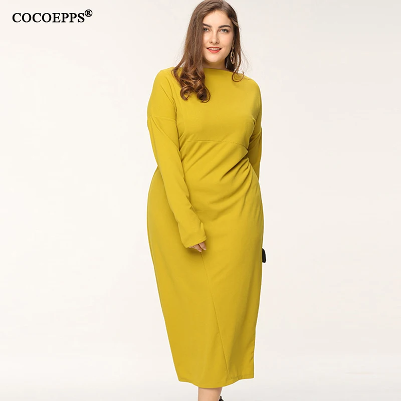 Женское платье макси с круглым вырезом желтое свободное повседневное длинное