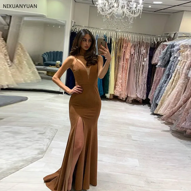 

Evening Dresses Sexy V-neck Sleeveless Satin 2021 Formal Party Dresses Front Split Long Dress for Women Evening Robe De Soiree