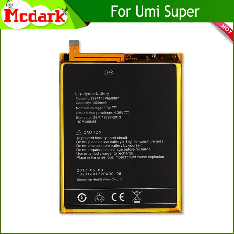Для Umi Super Батарея Li3834T43P6H8867 большой Ёмкость 4000mAh аккумуляторная батарея AKKU |