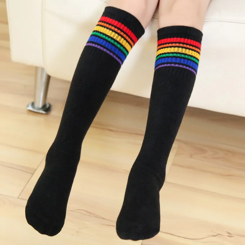 Black Rainbow Детские гольфы для девочек, детские эластичные длинные Школьные носки в черно-белую разноцветную полоску для мальчиков и девочек От 6 до 15 лет - Цвет: Black Rainbow