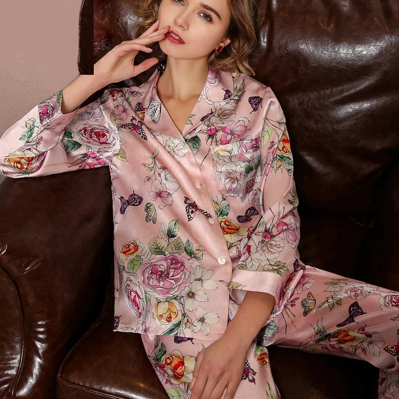 Женские пижамные костюмы из 100% натурального шелка топ с длинными рукавами и