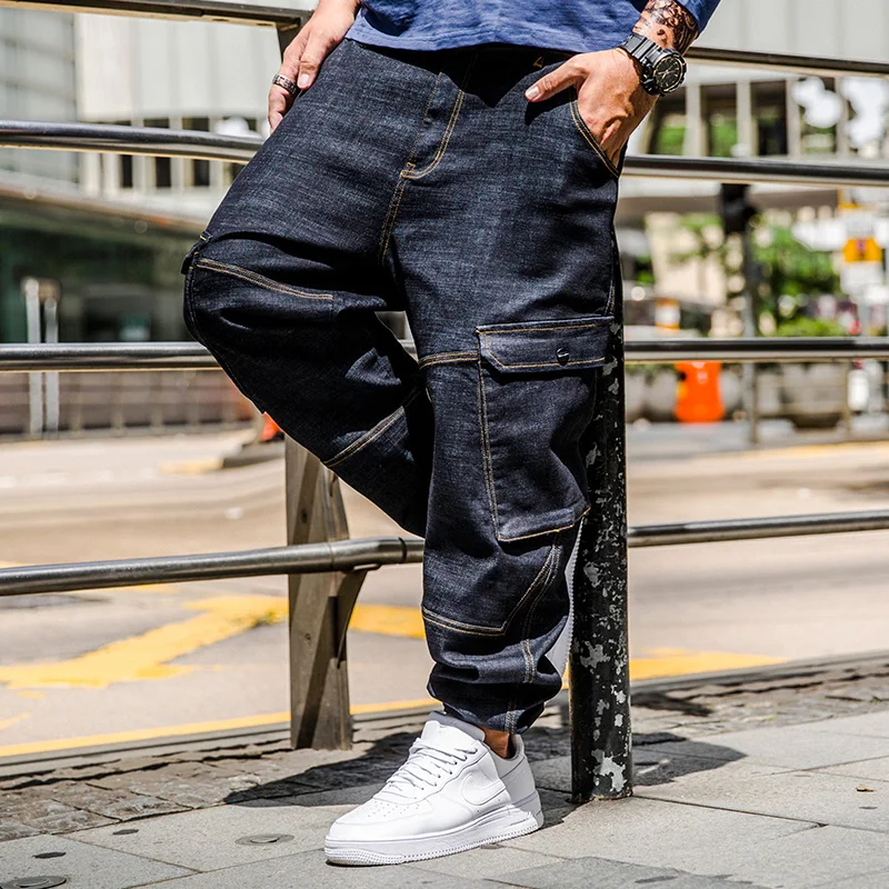 2018 Mens Casual Multi Big Pockets Blue Jeans Distressed Slim Elastic Denim Biker Hip Hop Pants Large Size 30-44 46 | Мужская одежда