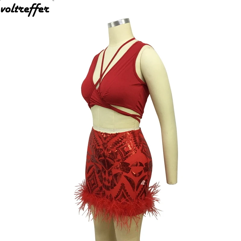 Бандажное платье из двух частей укороченный топ на бретельках с пайетками