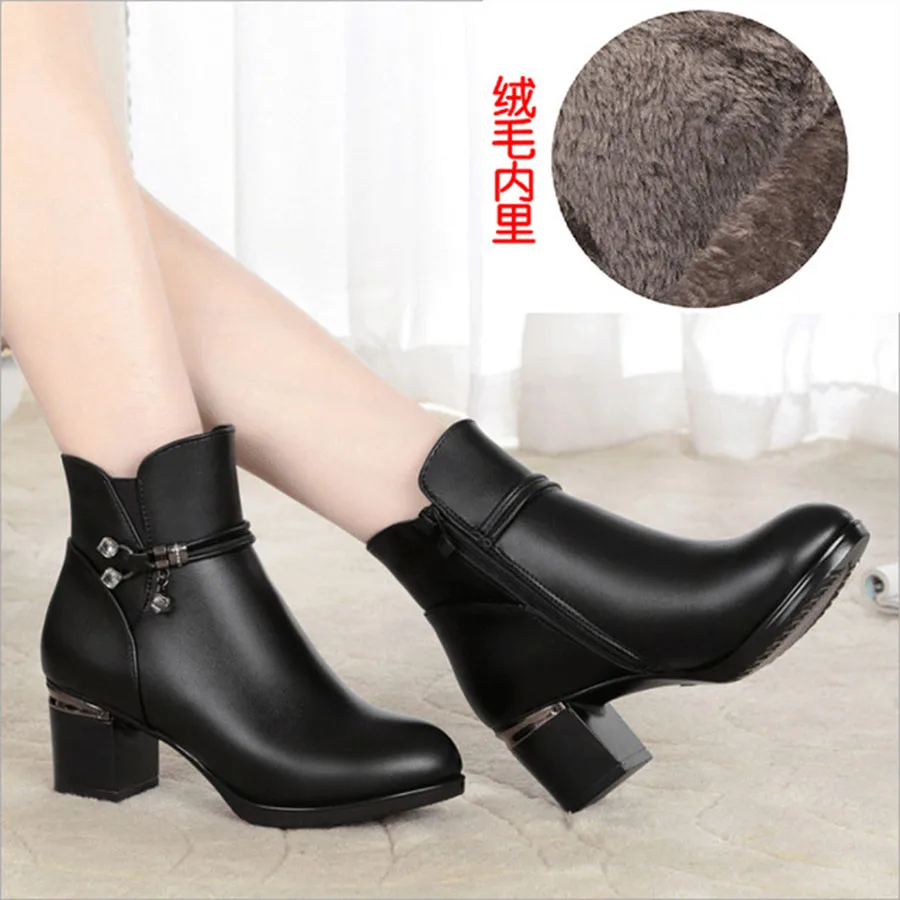 Winter New Thick Heel Black Women'S Leather Boots Hard-Wearing and Non-Slip Plus Velvet Large Size 35-43 Female | Обувь