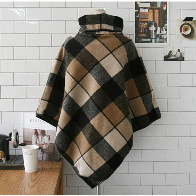 Осенний и зимний женский свитер с высоким воротом клетчатый плащ накидка