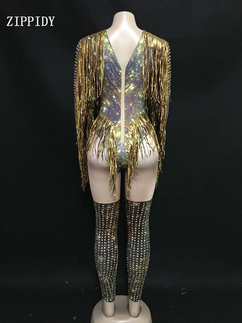 Gold Fringes Rhinestones Sexy Bodysuit Women Jazz Dance Big Stretch Leotard Outfit Evening Show One-piece Sexy Costume Wear