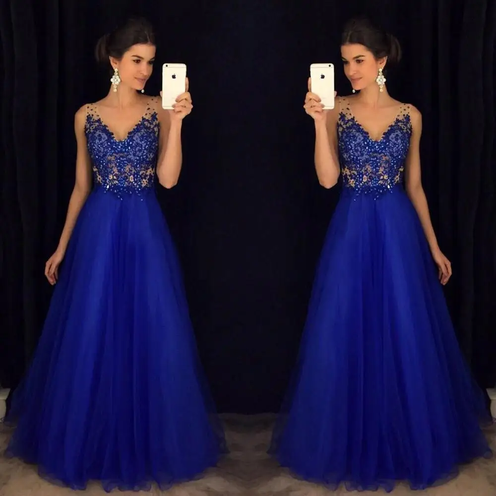 Королевский синий вышитые бисером платья для выпускного вечера Длинные vestidos de fiesta largos elegantes de gala V шеи линии Формальные Вечерние платья - Цвет: Royal Blue