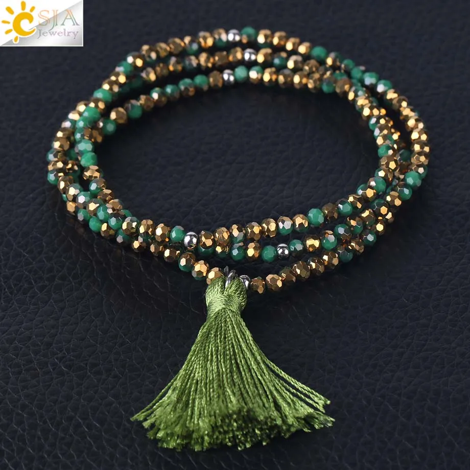 Green CSJA Boho кисточка с бахромой крошечный граненый многослойный Хрустальный Браслет Браслеты Дружбы бижутерия ручной работы Pulsera эластичный S117 - Окраска металла: Green