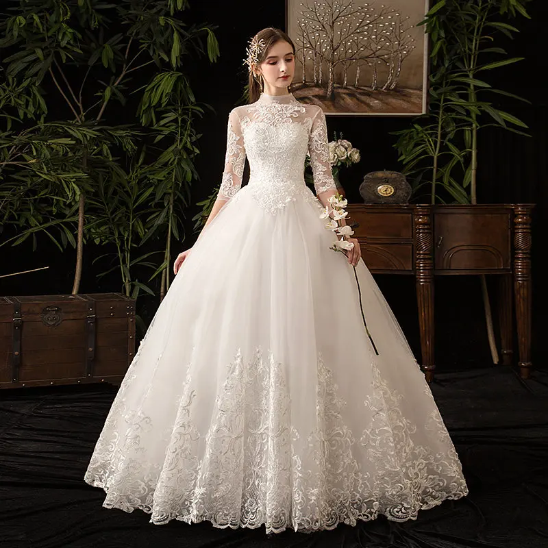 Новое свадебное платье Vestido de Noiva с коротким рукавом и Королевским шлейфом, кружевное бальное платье с аппликацией и высоким воротом, свадебное платье для невесты - Color: Off White Floor