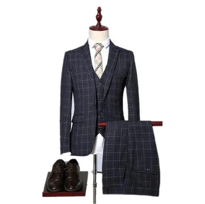 

2019 Spring Men Suits Fashion Grid Stripe Men's Slim Fit Business Wedding Suits Men tuxedos (Jacket+Vest+Pants) costume homme