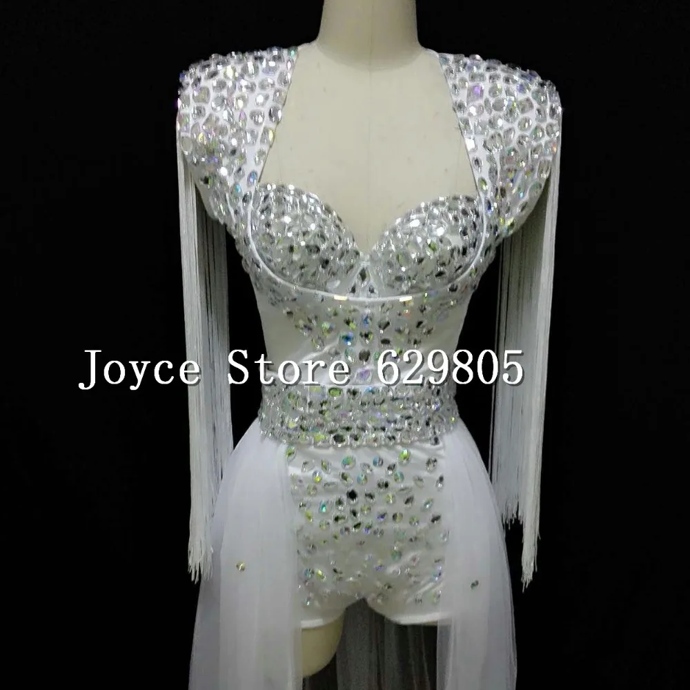 Female Singer Neon Rose White Dj Ds Powder Sparkling Crystals Rhinestone Fashion Epaulette Train Costume Nightclub Dance Wear