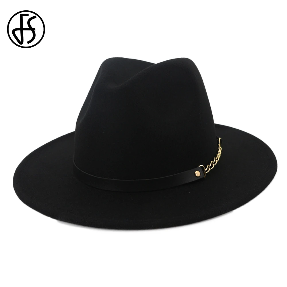 

Женская шерстяная шляпа FS, Элегантная черная фетровая шляпа с широкими полями, винтажная Кепка в стиле стимпанк с кожаным ремнем для крестн...
